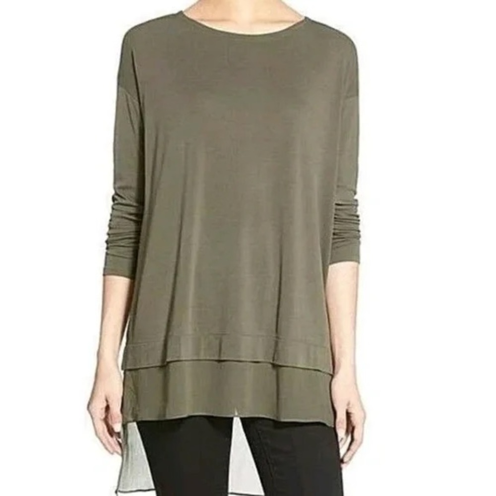 Eileen Fisher Green Bateau 100%‎ Silk Hi-Low Tunic Top Size XS